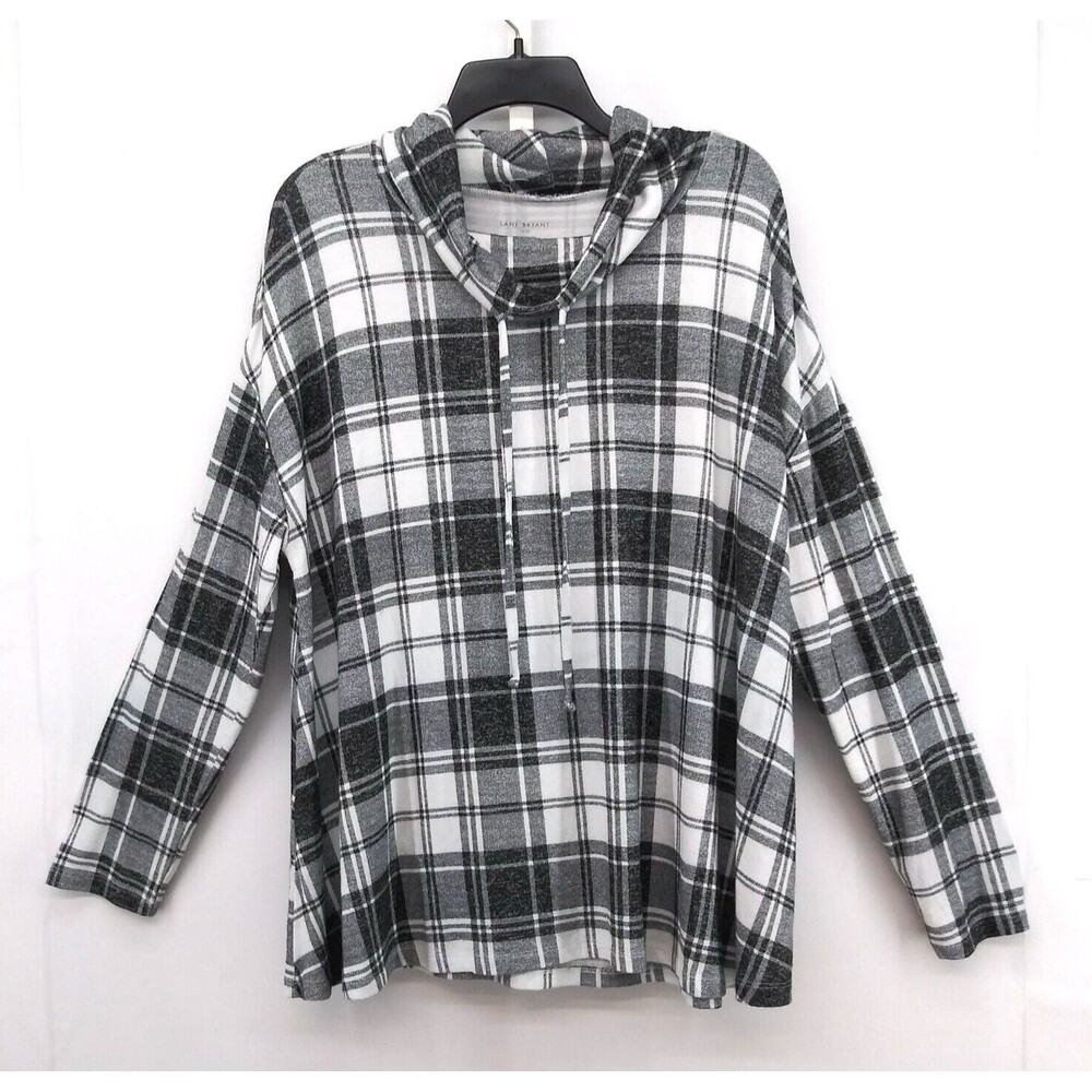 Lane Bryant Shirt Womens Size 18/20 Black White Plaid Drawstring Cowl Neck Top